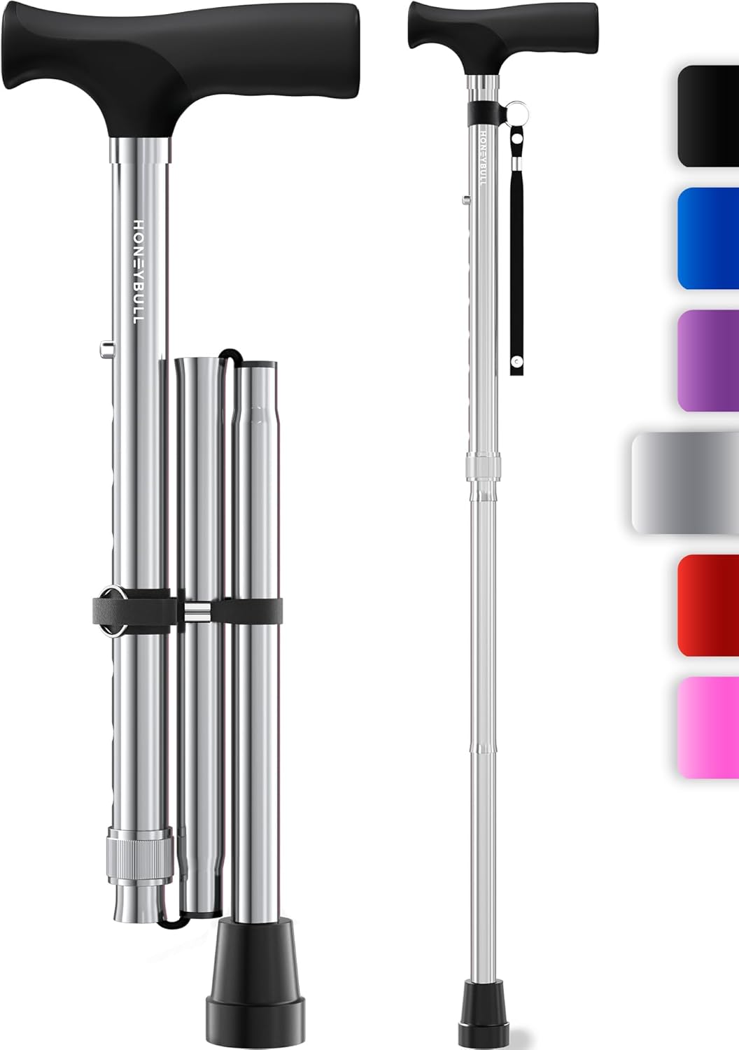 SILVER - Walking Cane for Men & Women - Foldable, Adjustable, Bumper Base Tip, Heavy Duty, HONEYBULL ... Trackable Cuba Home Delivery Included.