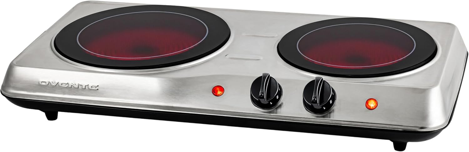 SILVER, OVENTE Countertop Infrared Double Burner, 1700W Portable Stove with 7.75" and 6.75" Ceramic Glass Cooktop, 5 Level Temperature Setting   ...   Trackable Cuba Home Delivery Included.