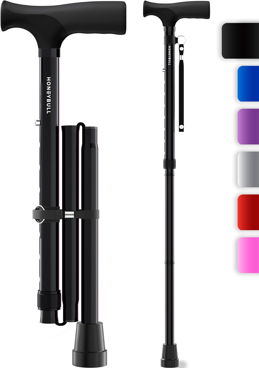 BLACK - Walking Cane for Men & Women - Foldable, Adjustable, Bumper Base Tip, Heavy Duty, HONEYBULL ... Trackable Cuba Home Delivery Included.