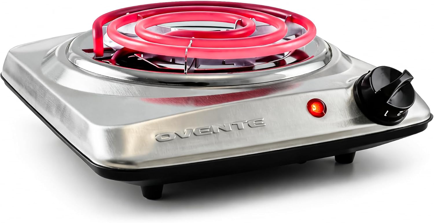 Silver OVENTE Electric Countertop Single Burner, 1000W with 6" Stainless Steel Coil Hot Plate, 5 Level Temperature Control, Indicator Light   ...   Trackable Cuba Home Delivery Included.