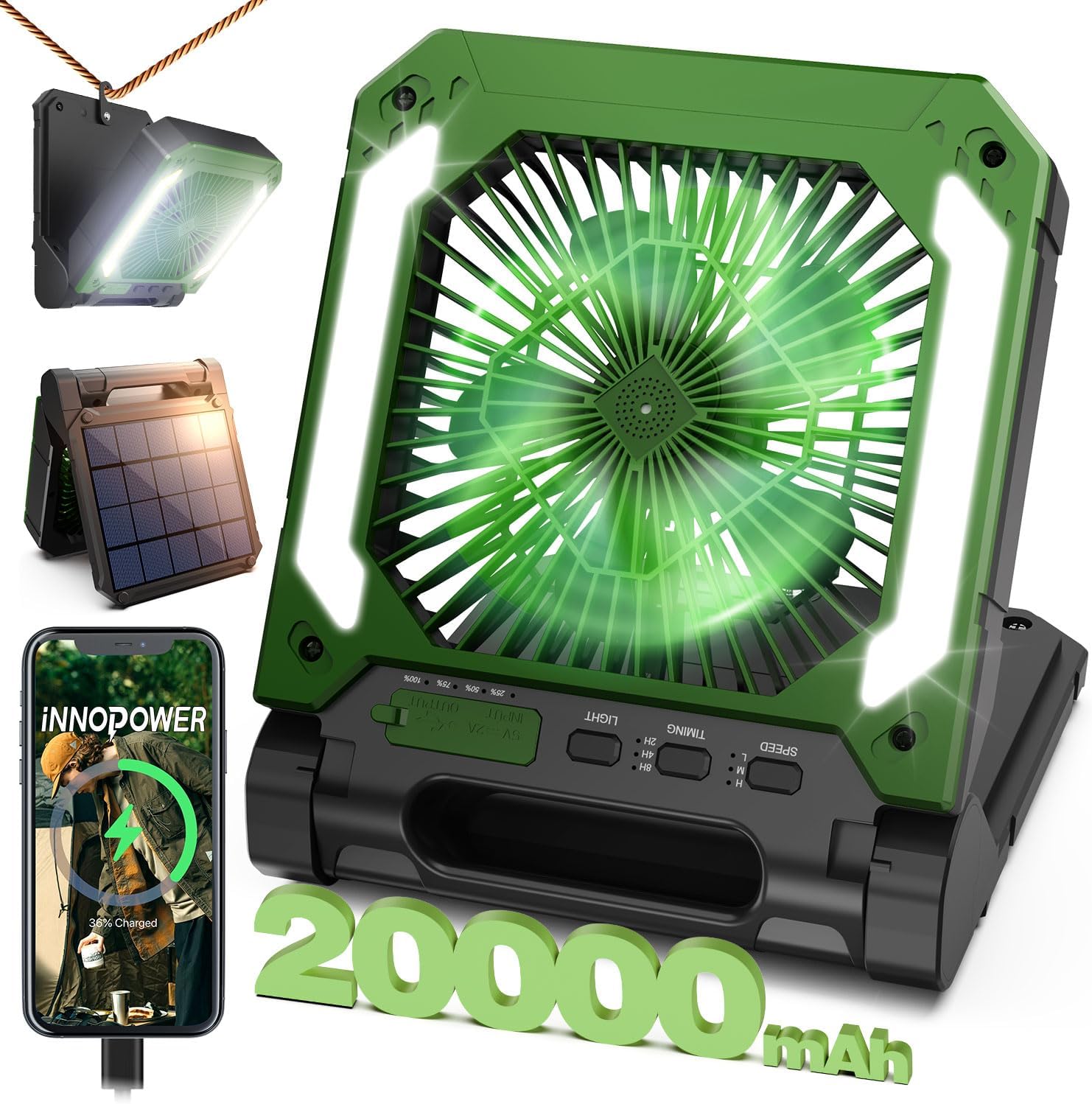 1-PACK GREEN 20000mAh Portable Fan, Solar Panel, Phone Charger, 3 Speeds, Lantern, Quiet ... Cuba Home Delivery Included, Trackable.