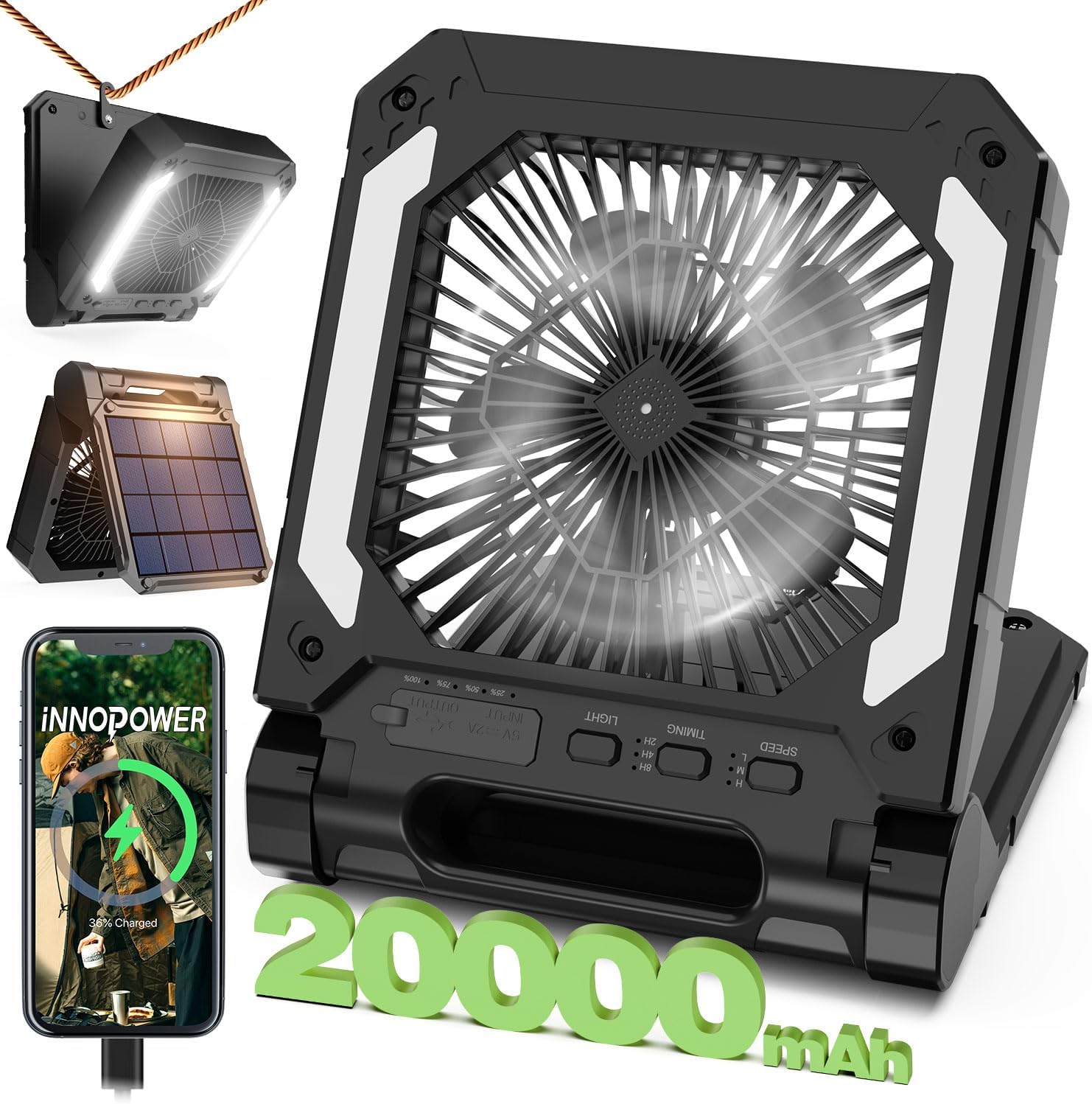 1-PACK BLACK  20000mAh Portable Fan, Solar Panel, Phone Charger, 3 Speeds, Lantern, Quiet ... Cuba Home Delivery Included, Trackable.