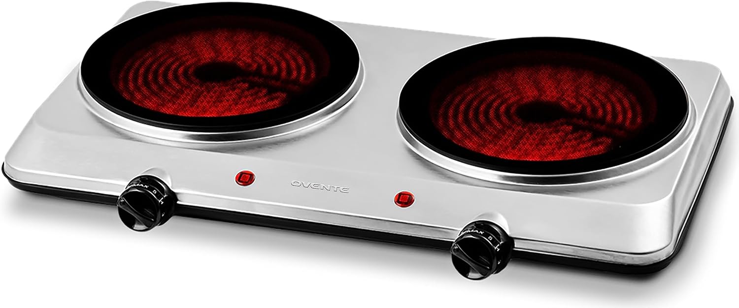SILVER, OVENTE Countertop Infrared Double Burner, 1500W Portable Stove with 7.75" Ceramic Glass Cooktop, 6 Level Temperature Setting ... Trackable Cuba Home Delivery Included.