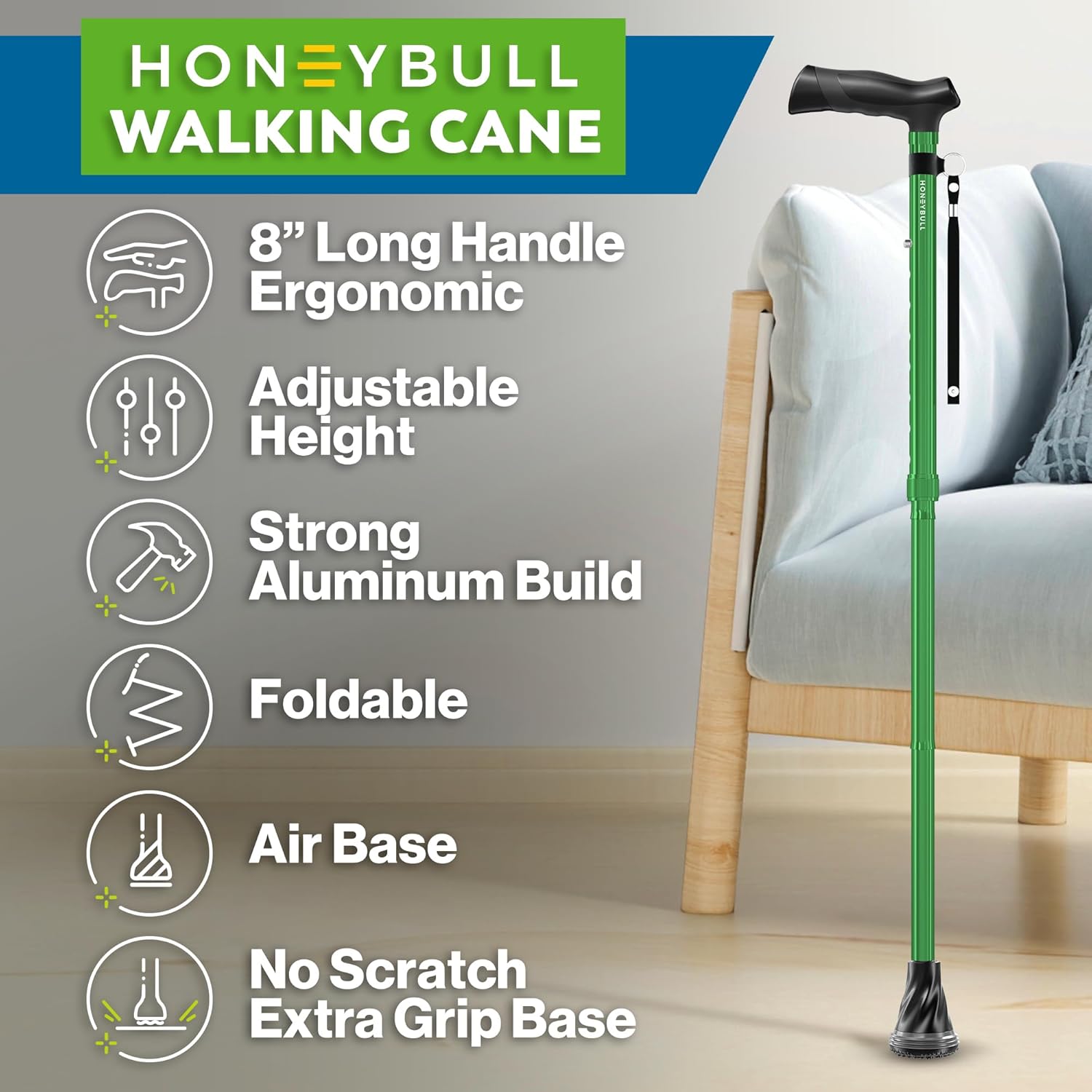 GREEN - Walking Cane for Men & Women - Foldable, Adjustable, Bumper Base Tip, Heavy Duty, HONEYBULL ... Trackable Cuba Home Delivery Included.