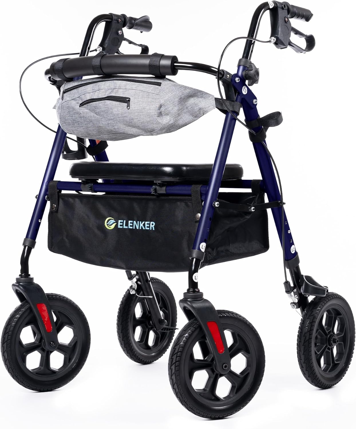 BLUE - All Terrain Rollator Walker with Seat, Foldable, 10” Solid Wheels, Front Pouch, Cup Holder, Adjustable, ELENKER ... Trackable Cuba Delivery Included.