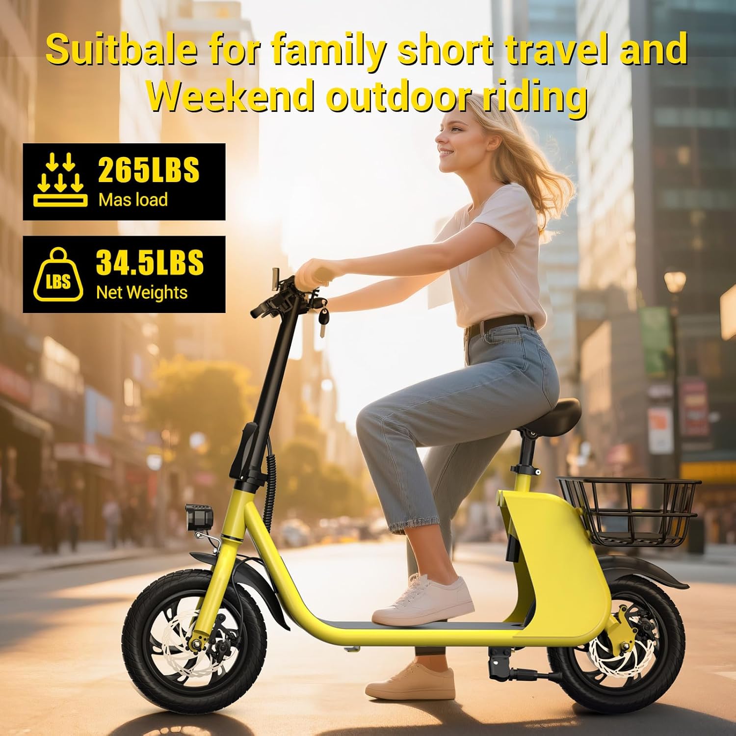 450-W. YELLOW Sehomy Electric Scooter with Seat and Basket, 25 Miles Range, 22MPH, 14" Tire ... Trackable Cuba Home Delivery Included.