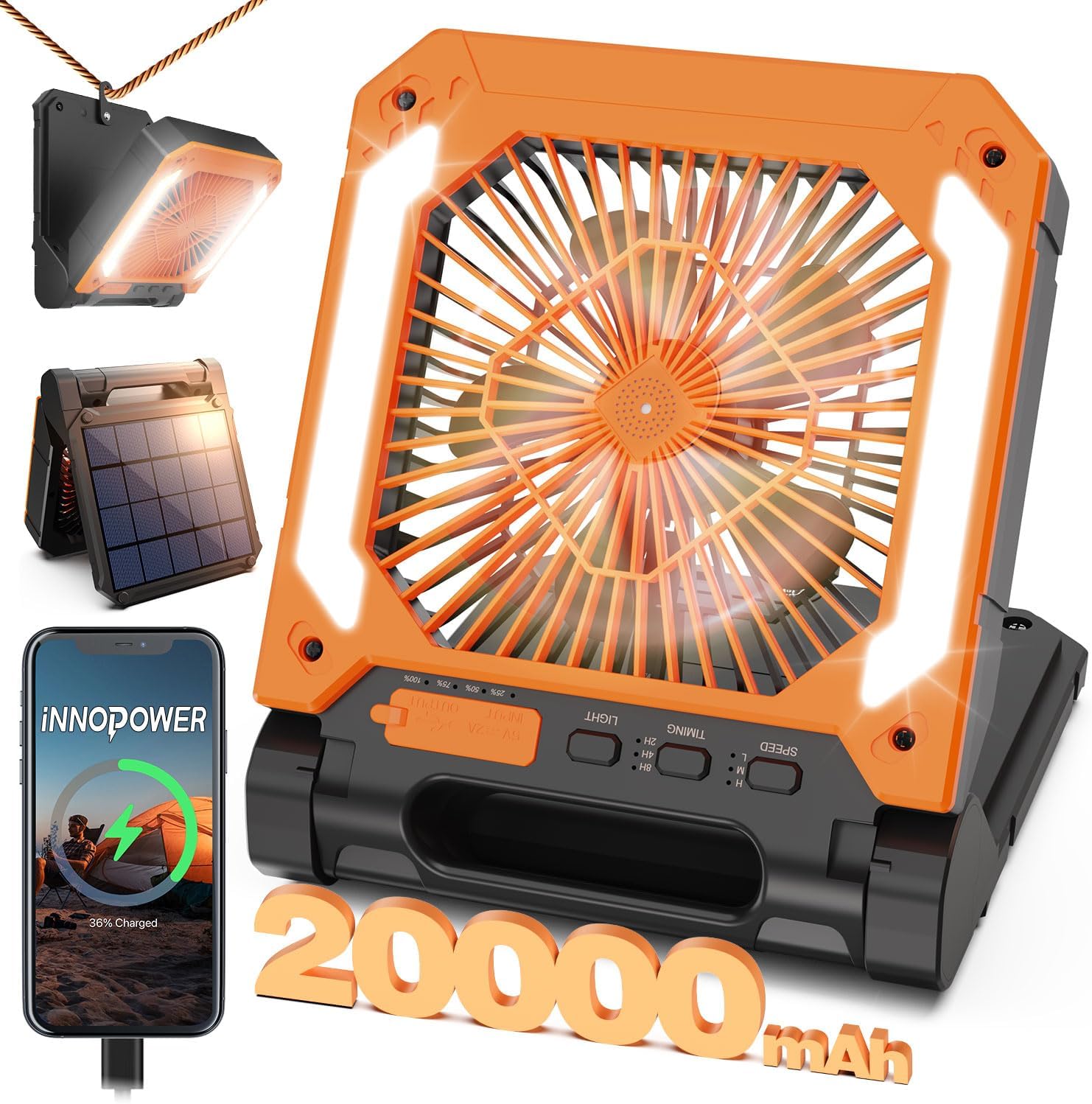 1-PACK, ORANGE, 20000mAh Portable Fan, Solar Panel, Phone Charger, 3 Speeds, Lantern, Quiet ... Cuba Home Delivery Included, Trackable.