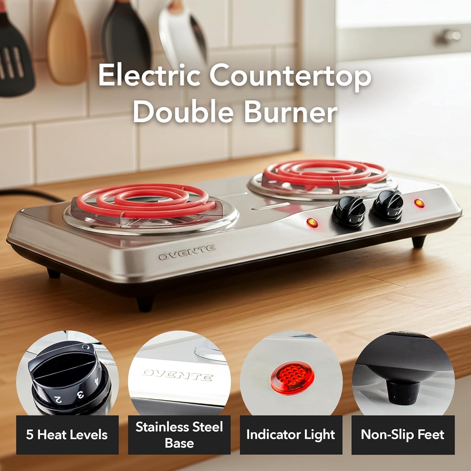 OVENTE Electric Countertop Double Burner, 1700W Cooktop with 6" and 5.75" Stainless Steel Coil Hot Plates, 5 Level Temperature Control   ...   Trackable Cuba Home Delivery Included.