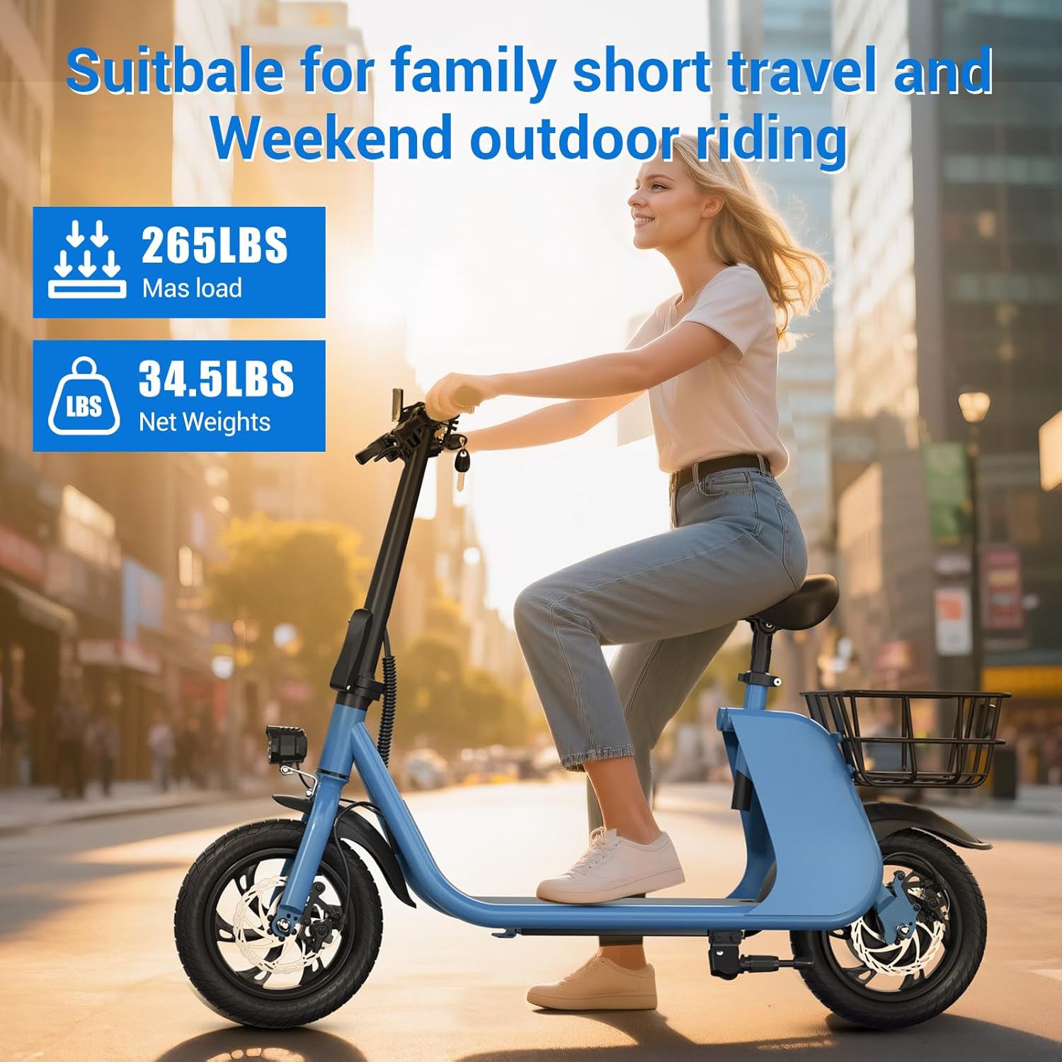 450-W. BLUE Sehomy Electric Scooter with Seat and Basket, 25 Miles Range, 22MPH, 14" Tire ... Trackable Cuba Home Delivery Included.