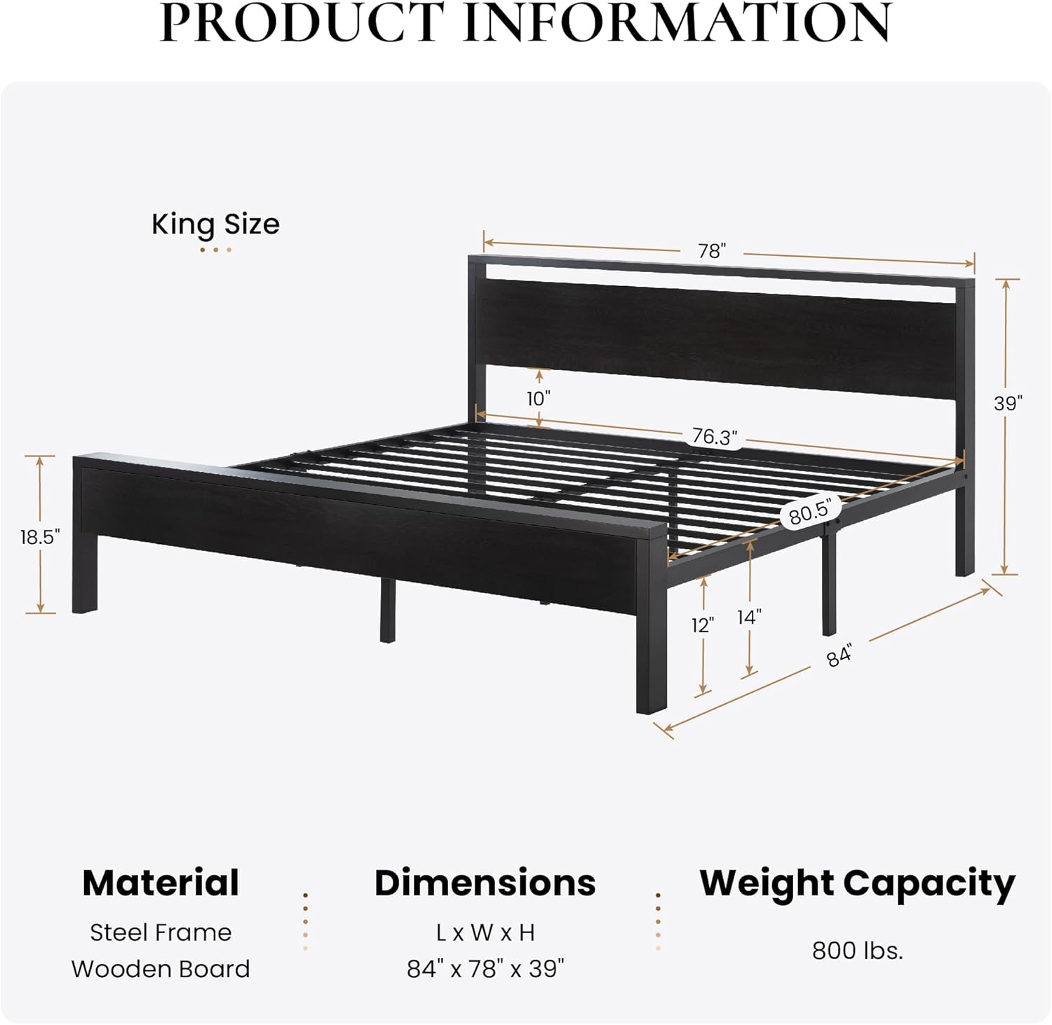 BLACK OAK 14 Inch KING SIZE Metal Platform Bed Frame with Wooden Headboard and Footboard ...... Trackable Cuba Home Delivery Included