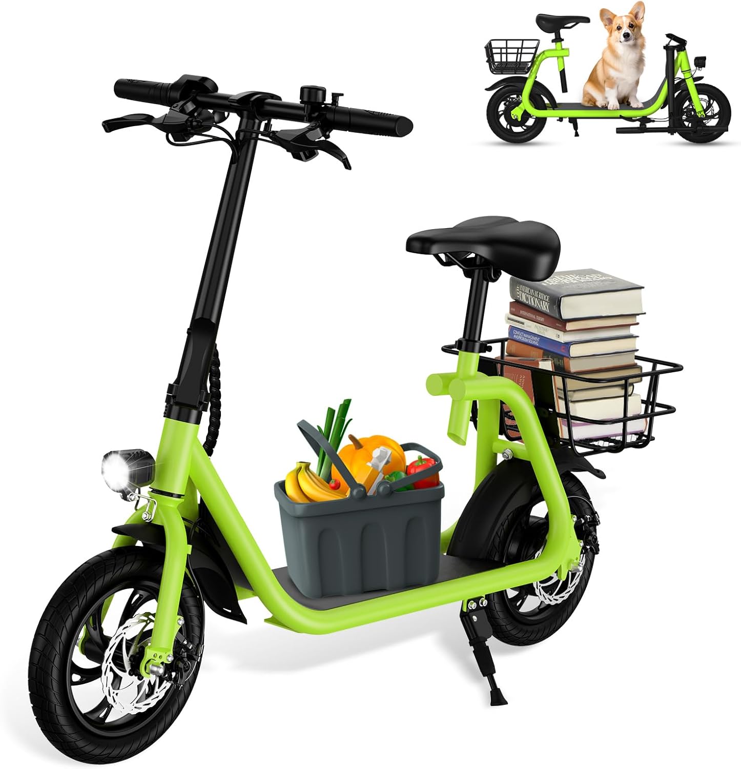 450-W. GREEN-YELLOW Sehomy Electric Scooter with Seat and Basket, 25 Miles Range, 22MPH, 14" Tires ... Trackable Cuba Home Delivery Included.