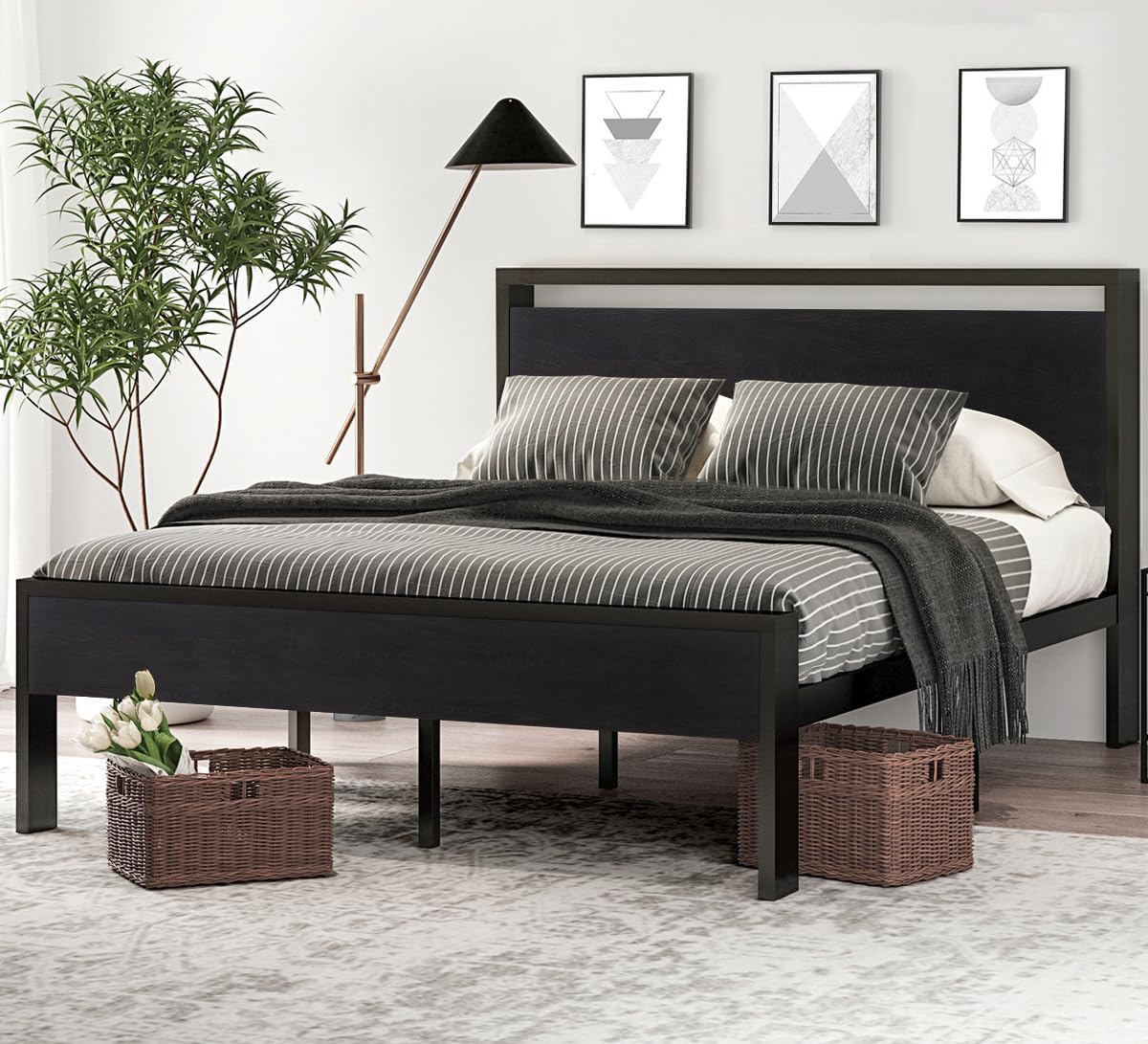 BLACK OAK 14 Inch FULL SIZE Metal Platform Bed Frame with Wooden Headboard and Footboard ...... Trackable Cuba Home Delivery Included