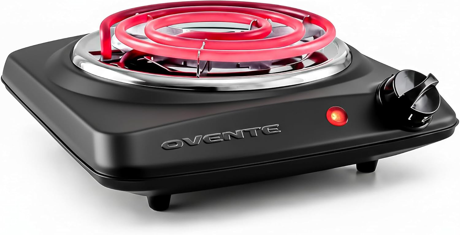 Black OVENTE Electric Countertop Single Burner, 1000W with 6" Stainless Steel Coil Hot Plate, 5 Level Temperature Control, Indicator Light ... Trackable Cuba Home Delivery Included.