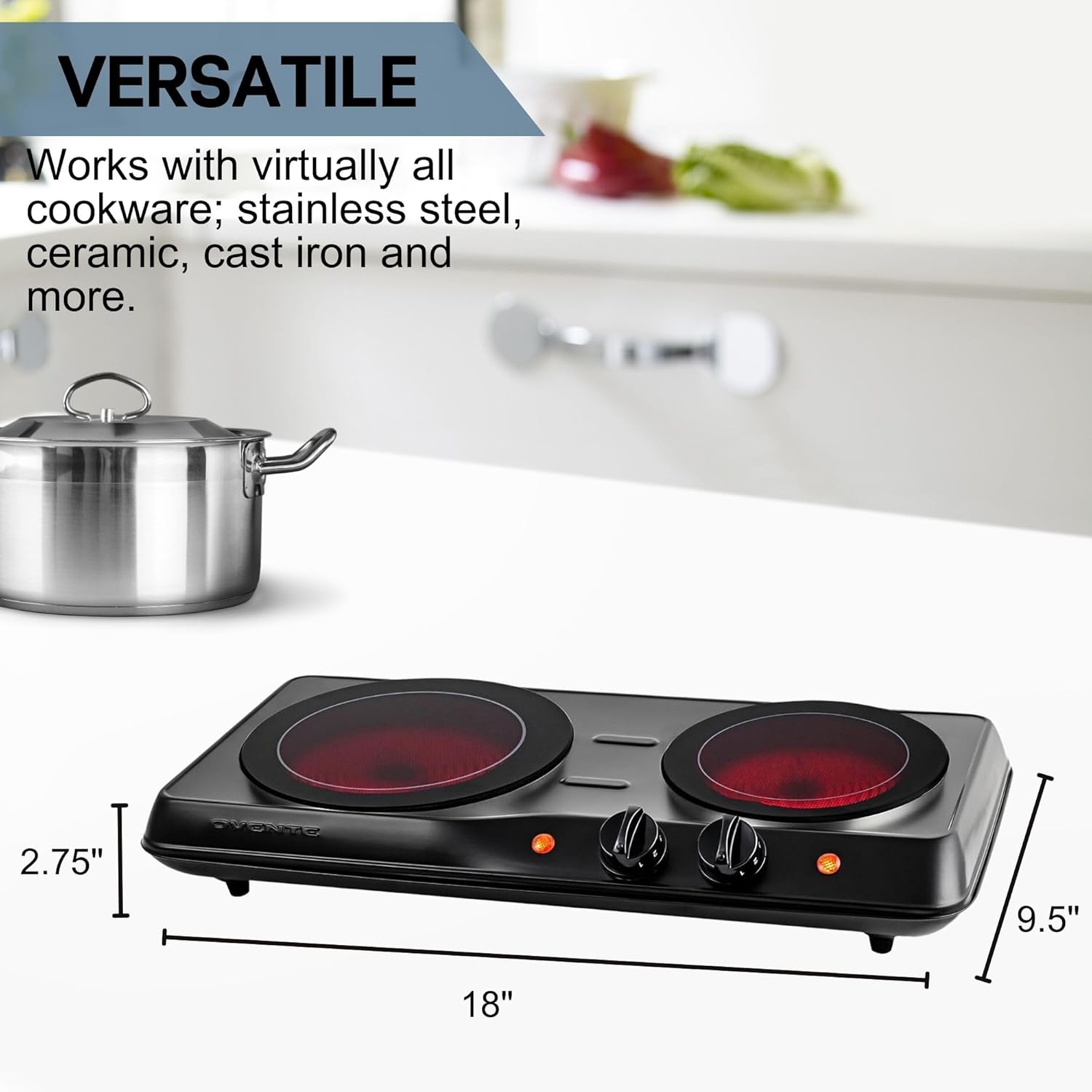 BLACK, OVENTE Countertop Infrared Double Burner, 1700W Portable Stove with 7.75" and 6.75" Ceramic Glass Cooktop, 5 Level Temperature Setting ... Trackable Cuba Home Delivery Included.