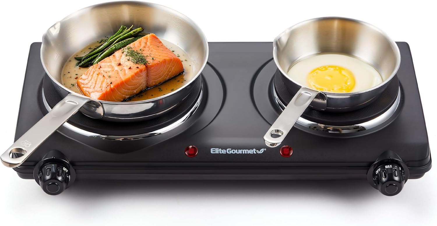 Elite Gourmet Countertop Double Cast Iron Electric Burner, 1500 Watts, Temperature Controls, Power Indicator Lights   ...   Trackable Cuba Home Delivery Included.
