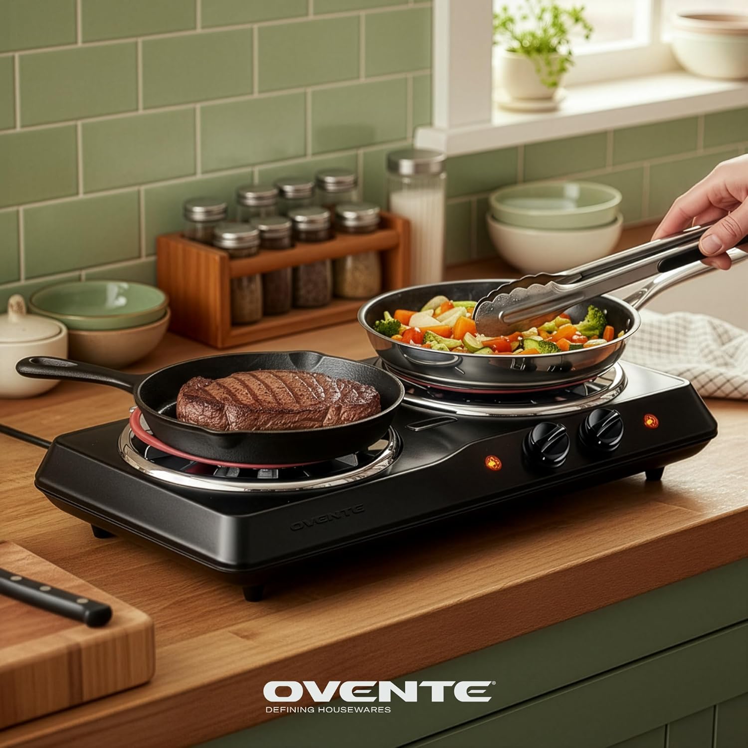 BLACK, OVENTE Electric Countertop Double Burner, 1700W Cooktop with 6" and 5.75" Stainless Steel Coil Hot Plates, 5 Level Temperature Control ... Trackable Cuba Home Delivery Included.