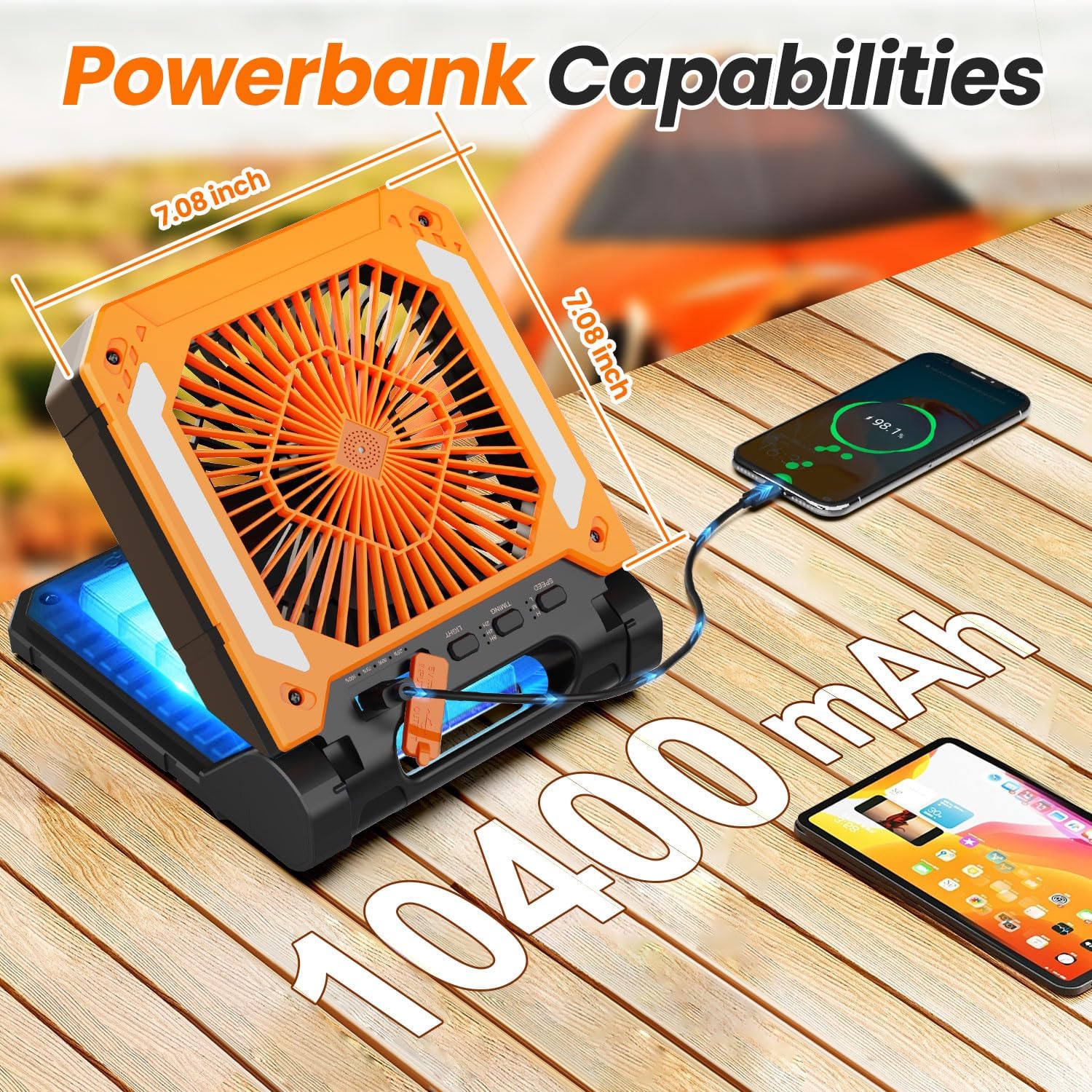 2-PACK, ORANGE, 20000mAh Portable Fan, Solar Panel, Phone Charger, 3 Speeds, Lantern, Quiet ... Cuba Home Delivery Included, Trackable.