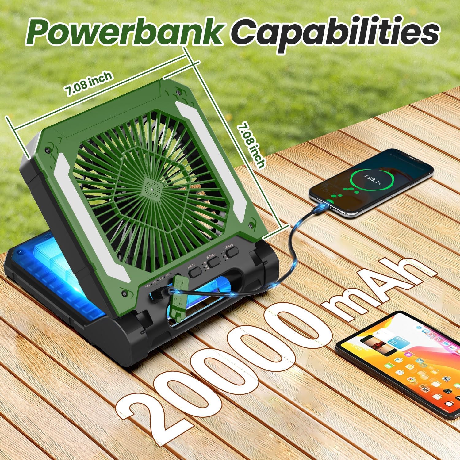 2-PACK GREEN 20000mAh Portable Fan, Solar Panel, Phone Charger, 3 Speeds, Lantern, Quiet ... Cuba Home Delivery Included, Trackable.
