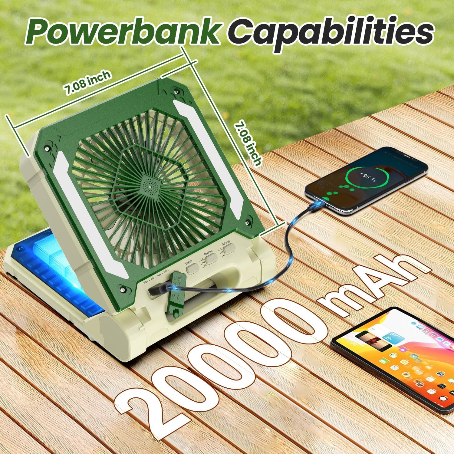 2-PACK, BEIGE, 20000mAh Portable Fan, Solar Panel, Phone Charger, 3 Speeds, Lantern, Quiet ... Cuba Home Delivery Included, Trackable.