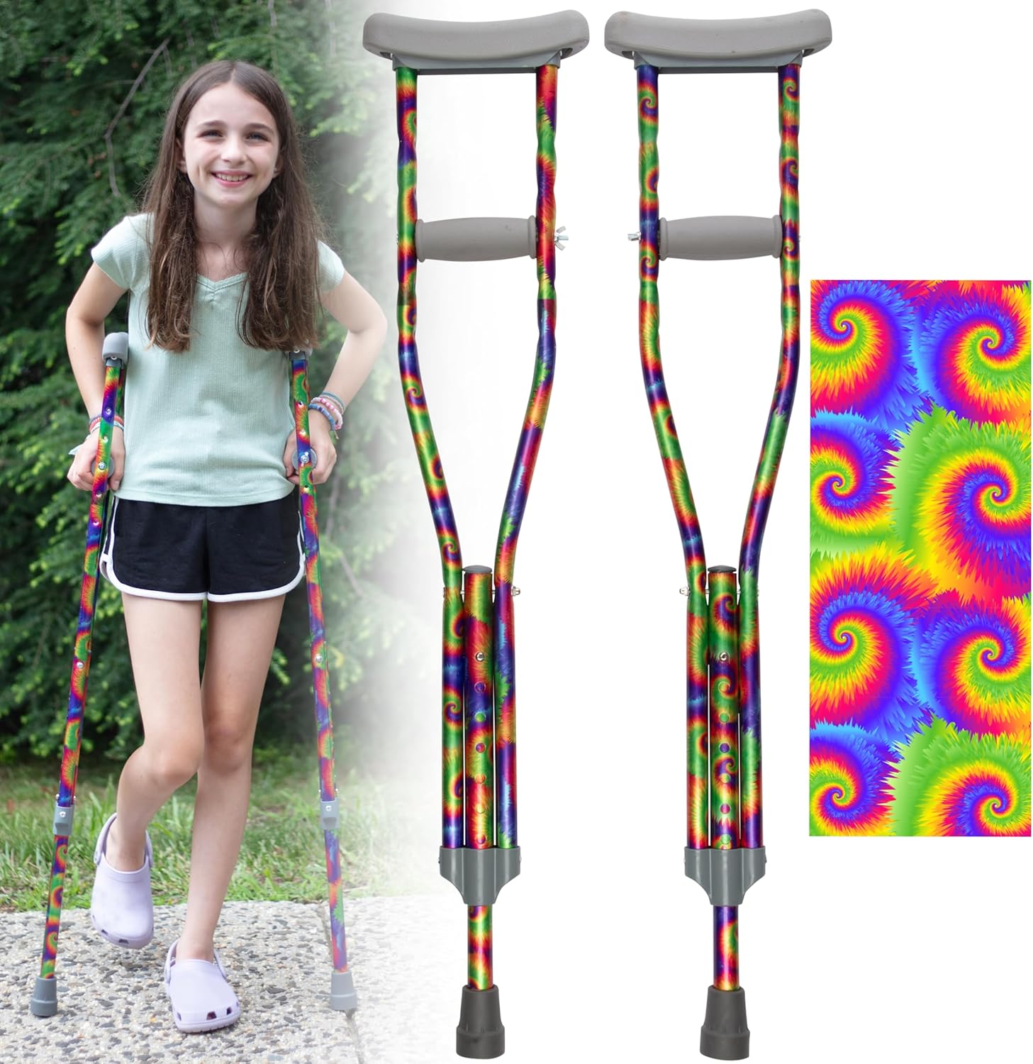 TIE DYE - Fashion Designed Crutches for Kids & Teens, Adjustable Handgrip & Length, Lightweight, Durable, Padding ... Trackable Cuba Home Delivery Included.