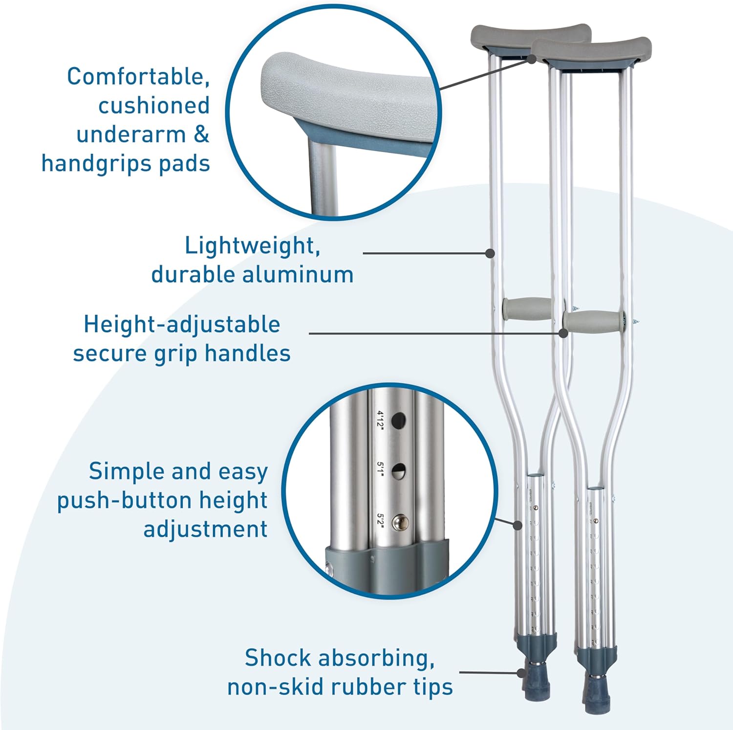 LARGE 5-10 to 6-6, BodyMed Aluminum Crutches, Lightweight, Height Adjustable, Padded ... Trackable Cuba Home Delivery Included.