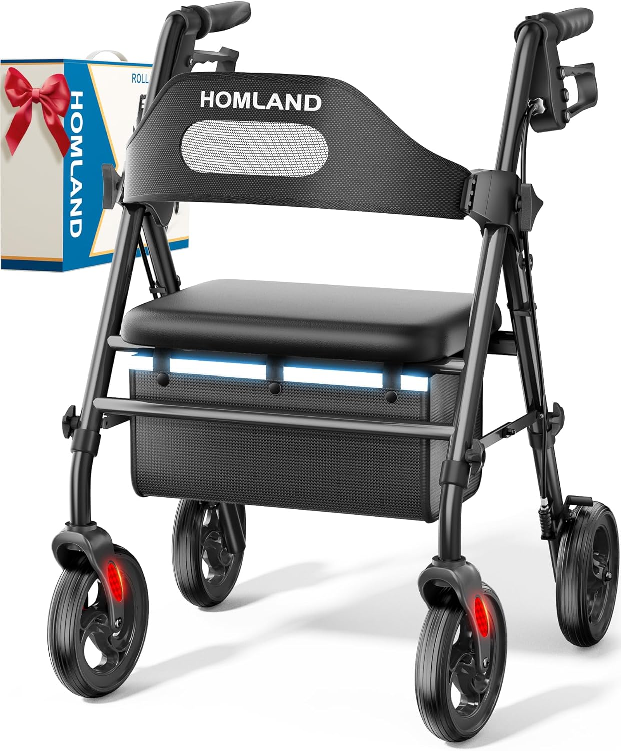 BLACK - HOMLAND Rolling Walker with Seat, 8'' Wheels, 350 lb. Capacity, Adjustable Handles & Seat, Lightweight ... Trackable Cuba Home Delivery Included.