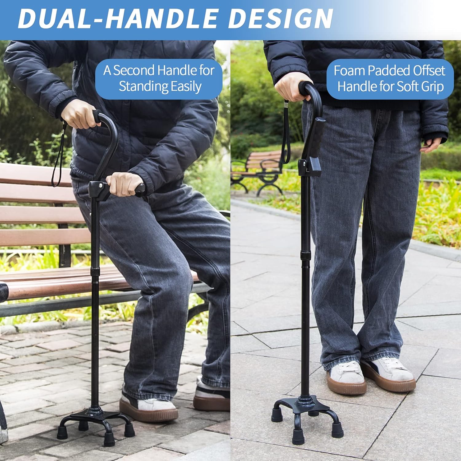 BLACK - Walking Cane, Stabile 4-Pronged, Foldable. Adjustable, Soft Grip Handle, Second Handle ... Trackable Cuba Home Delivery Included.