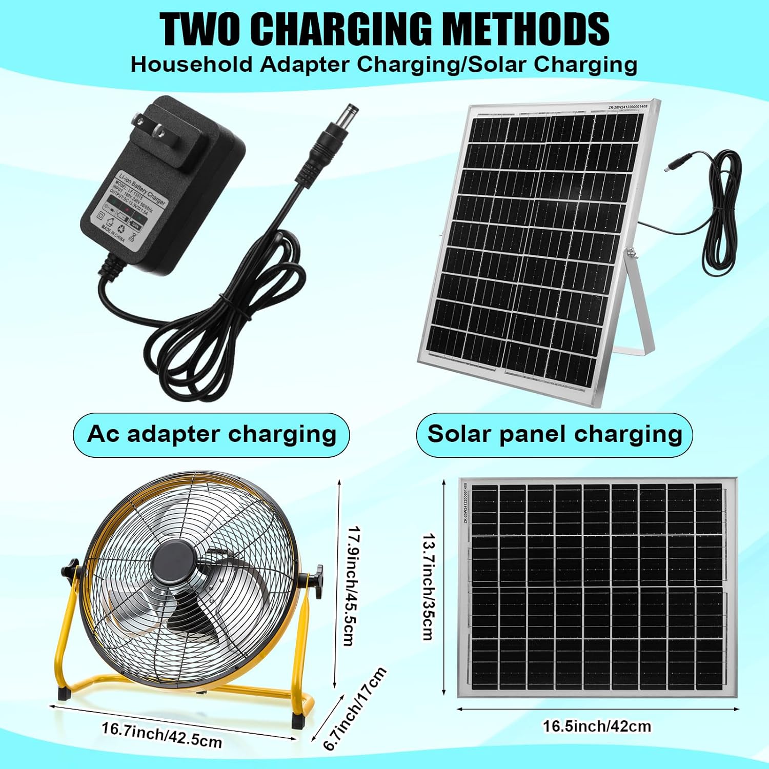 Yellow 14" Portable Solar Fan, USB Phone-Computer Charge, 12 W Solar Panel, Quiet, Cordless, Long Runtime ... Cuba Home Delivery Included, trackable.