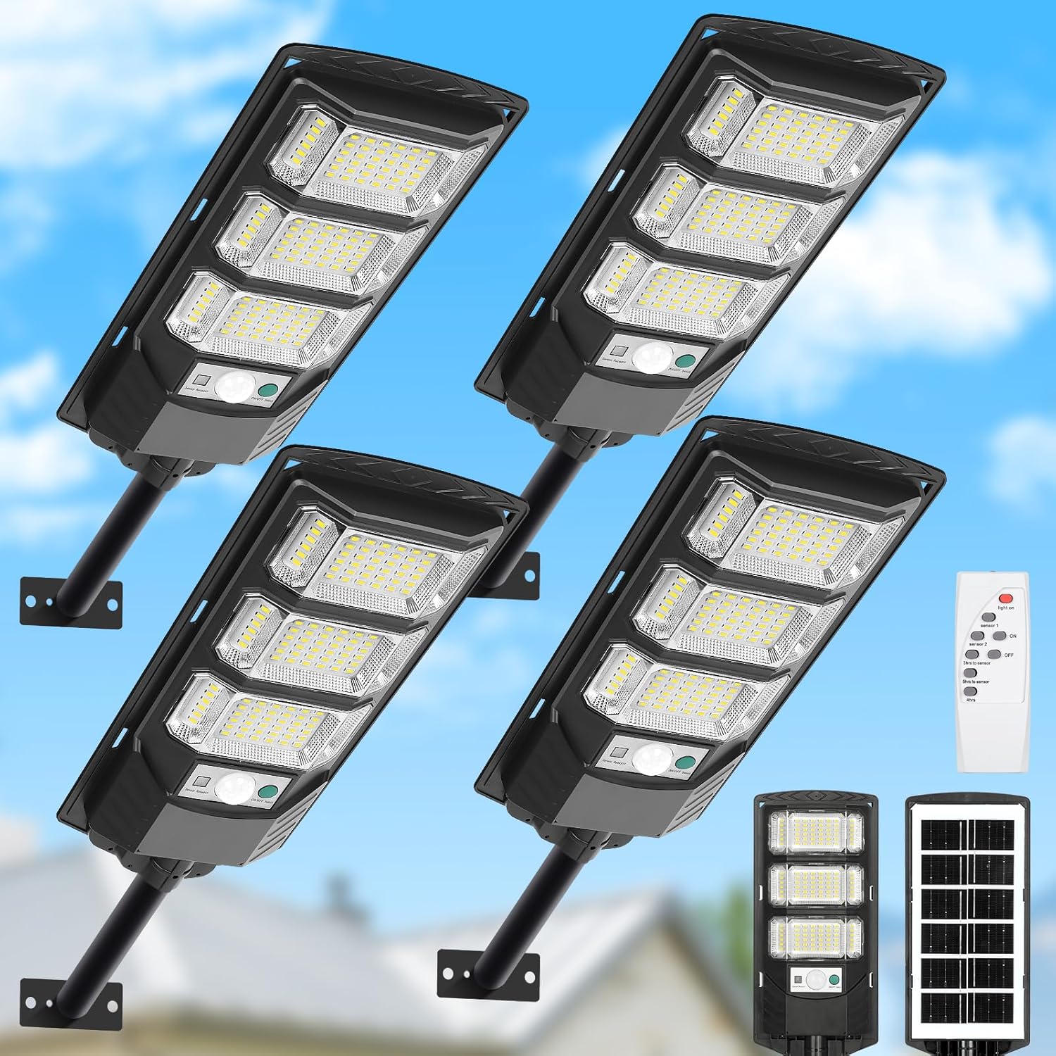 (4) FOUR, Solar Street Lights Outdoor 6500K LED Dusk to Dawn, Motion Sensor, Remote ... Cuba Home Delivery Included, Trackable.