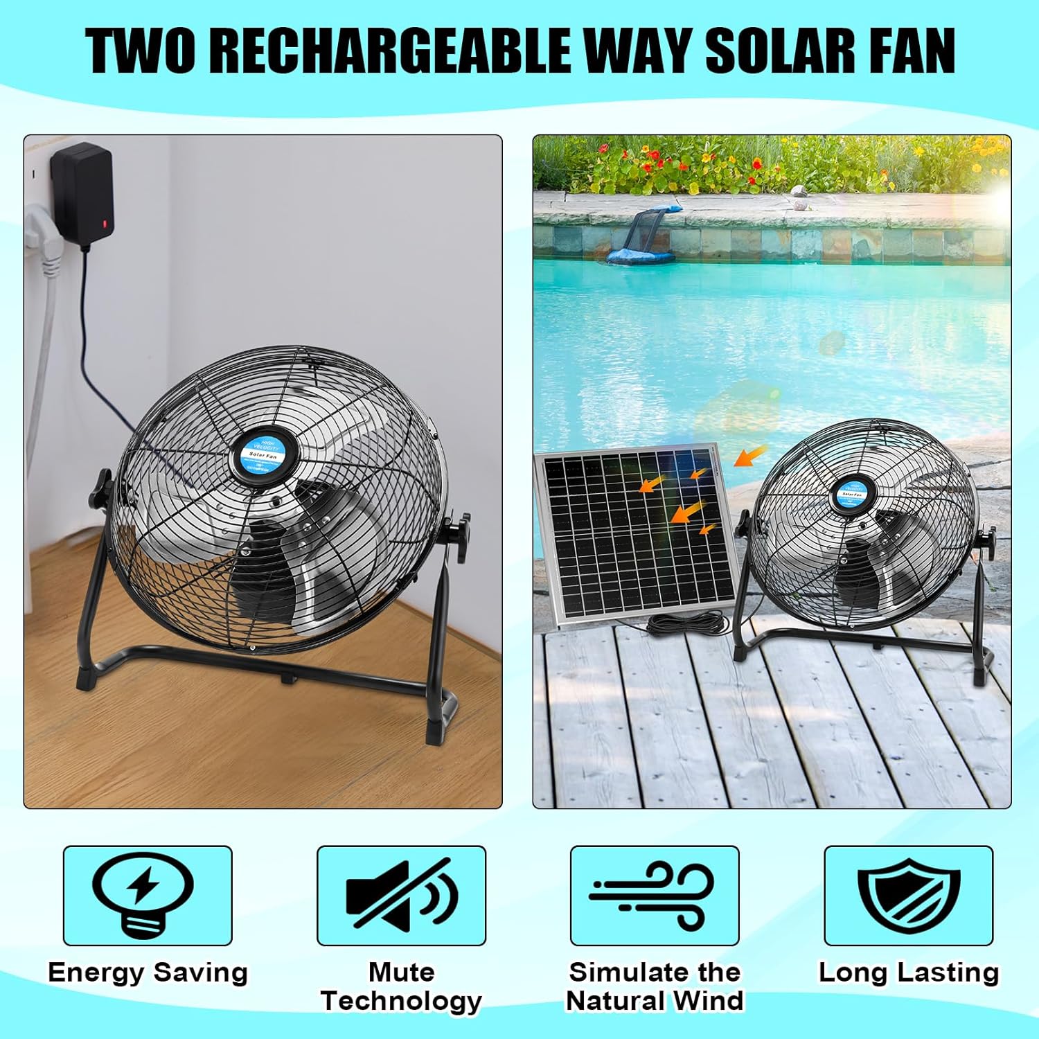 Black 14" Portable Solar Fan, USB Phone-Computer Charge, 12 W Solar Panel, Quiet, Cordless, Long Runtime ... Cuba Home Delivery Included, trackable.