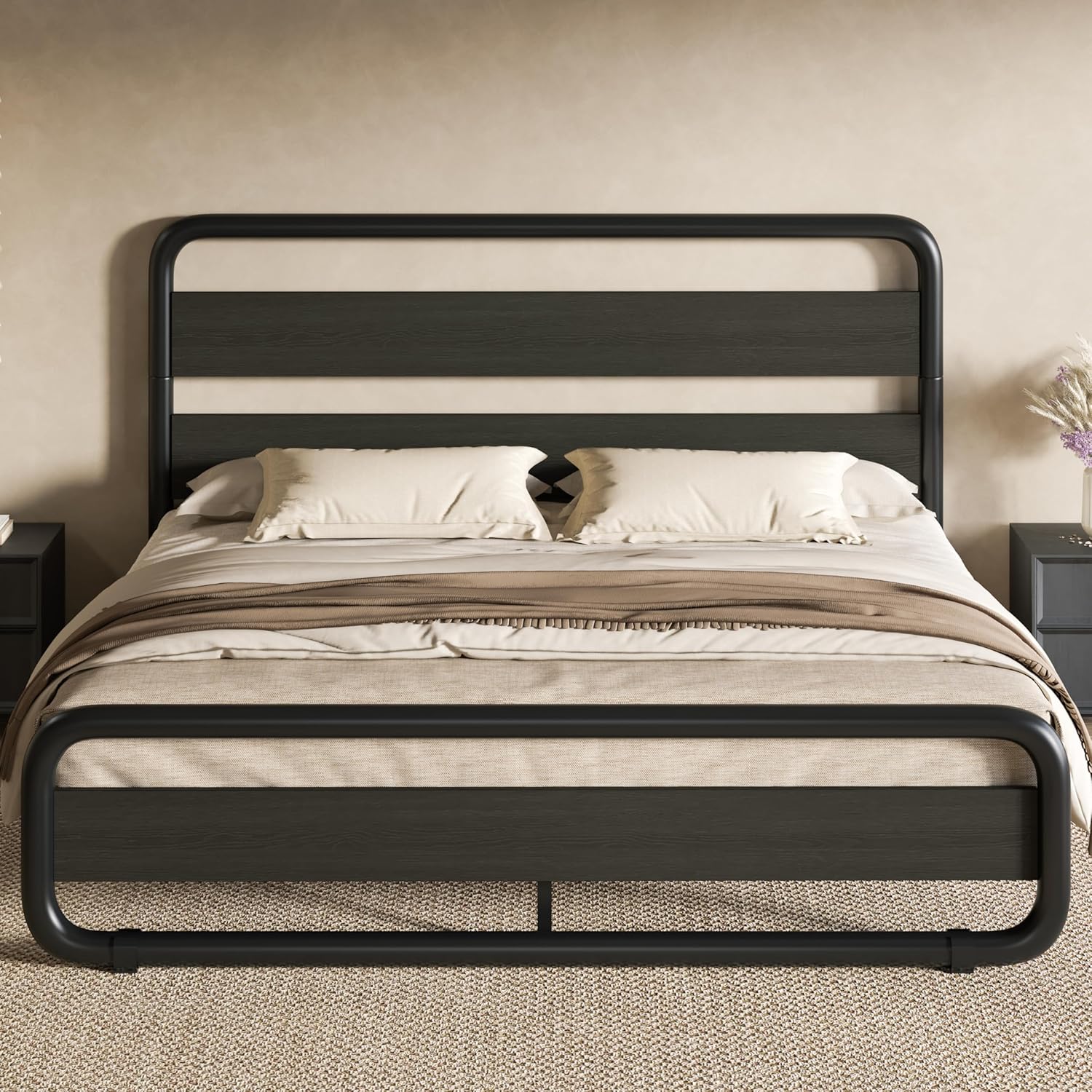 BLACK Oval-Shaped KING SIZE Metal Platform Bed Frame with Wooden Headboard and Footboard ...... Trackable Cuba Home Delivery Included
