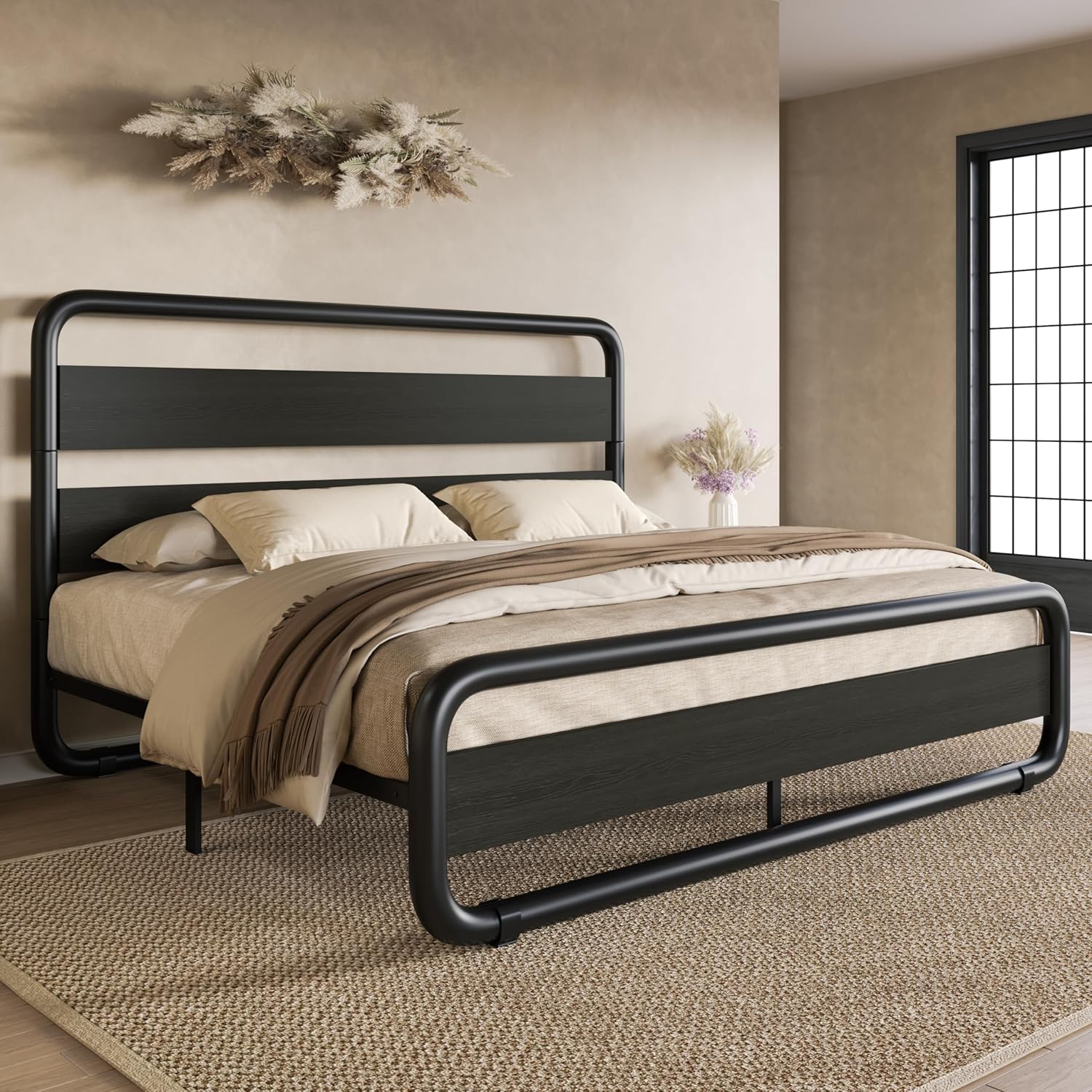 BLACK Oval-Shaped QUEEN SIZE Metal Platform Bed Frame with Wooden Headboard and Footboard ...... Trackable Cuba Home Delivery Included